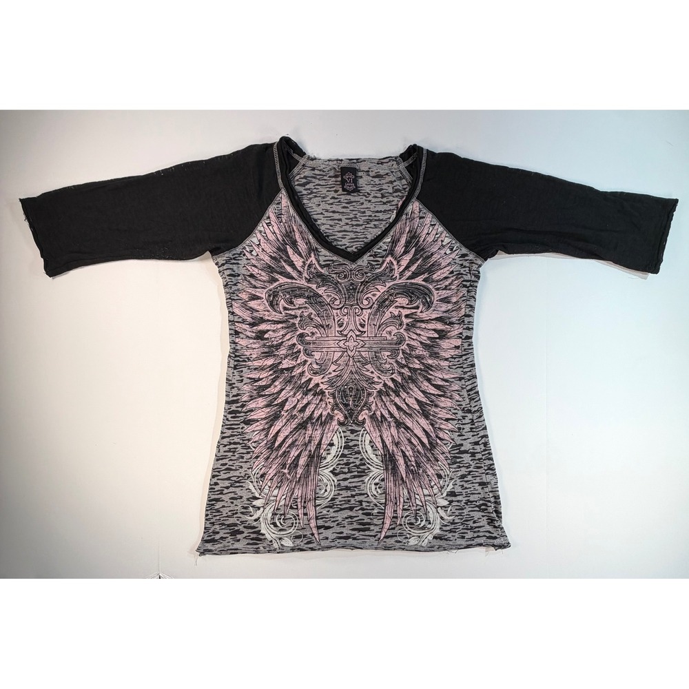 V.1 Couture Y2K Wing Cross Burnout Raglan Top Grey Pink Black 3/4 Sleeve XL